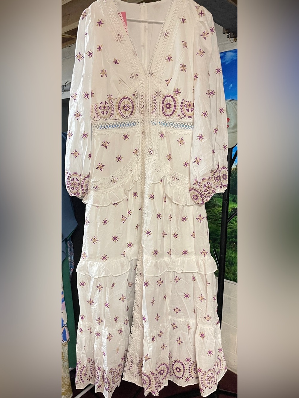 Boho Embroidered Cream Maxi Dress with Purple Accents